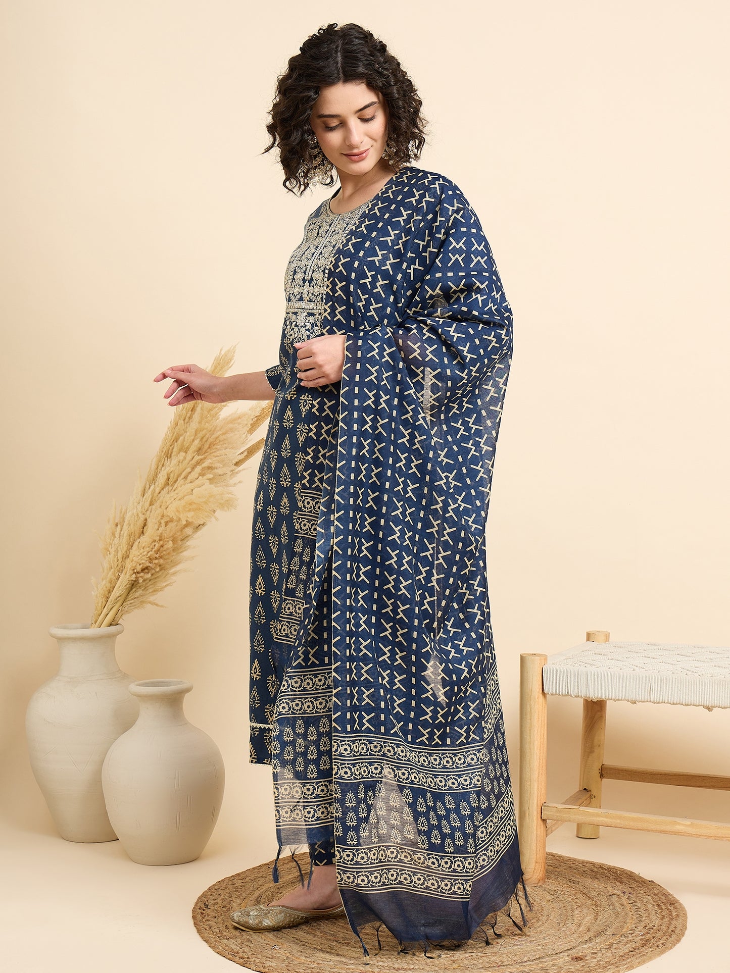 Ethnic Set Women Embroidered Straight Blue Kurta And Pant Set With Dupatta