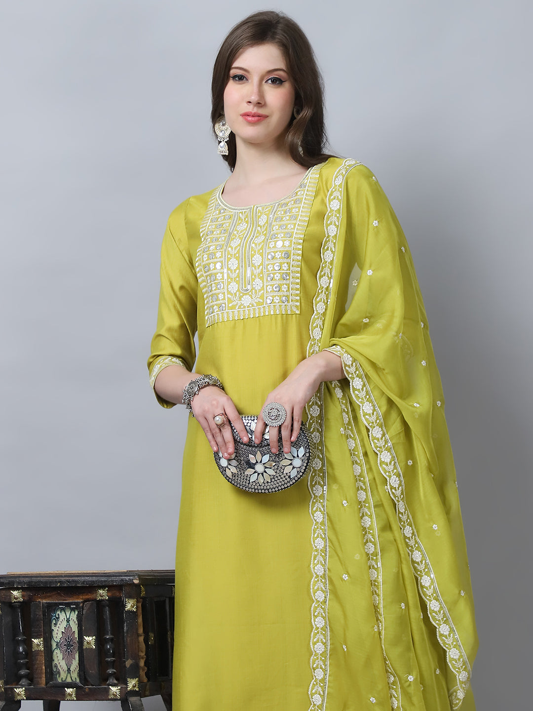 Ethnic Set Women Embroidery Straight Kurta and Pant set with Dupatta - Ethnic Set