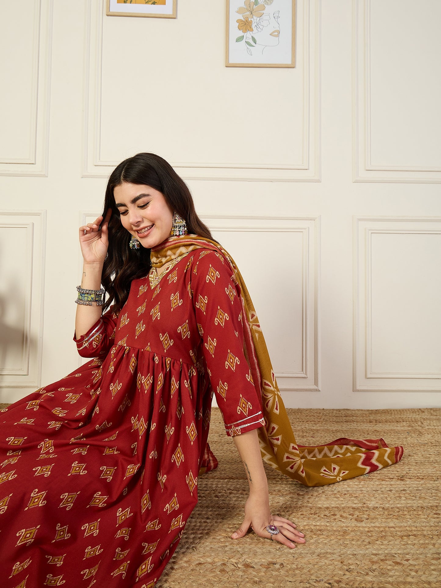 Ethnic Set Women Printed Anarkali Kurta and Pant Set With Dupatta