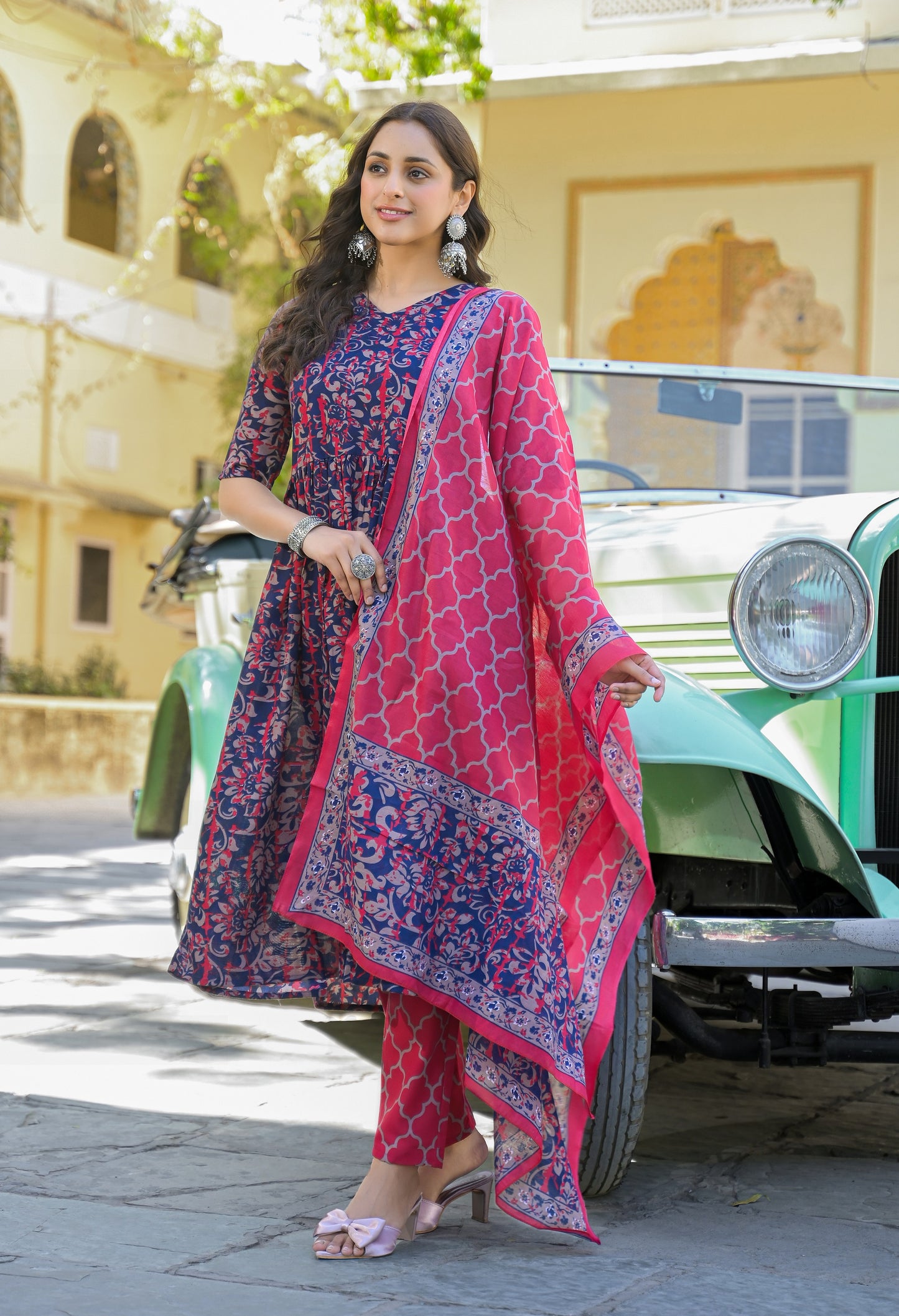 Ethnic Set Women Printed Anarkali Blue Kurta And Pant Set With Dupatta