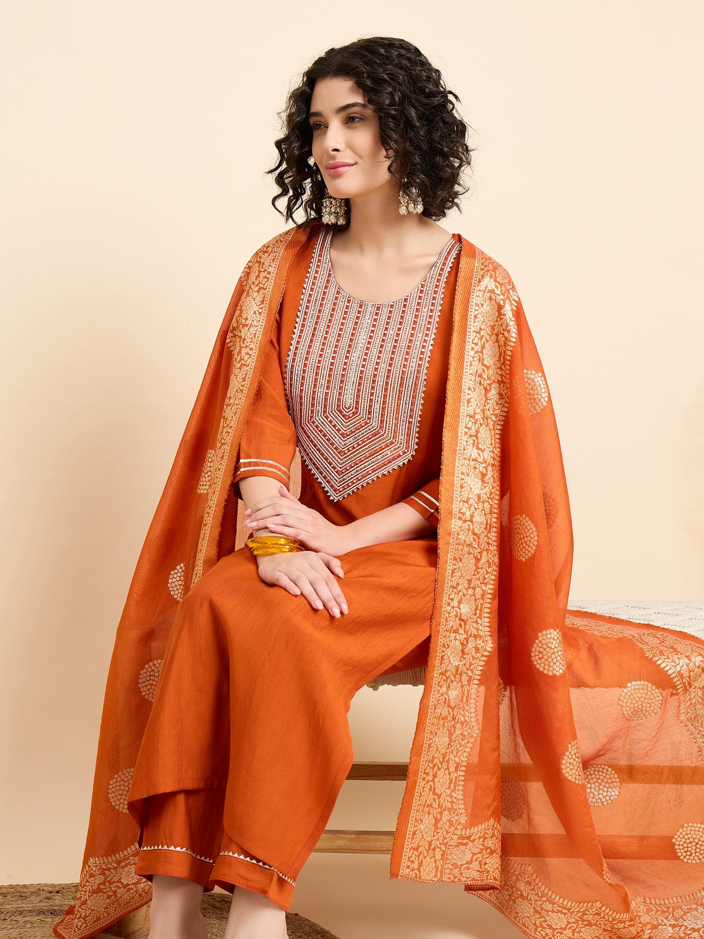 Ethnic Set Women Emboridered Straight Orange Kurta And Pant Set With Dupatta