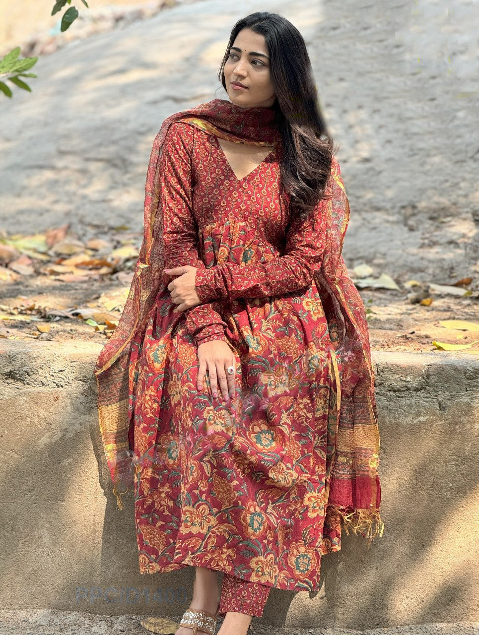 Ethnic Set Women Printed Anarkali Red Kurta and Pant Set With Dupatta
