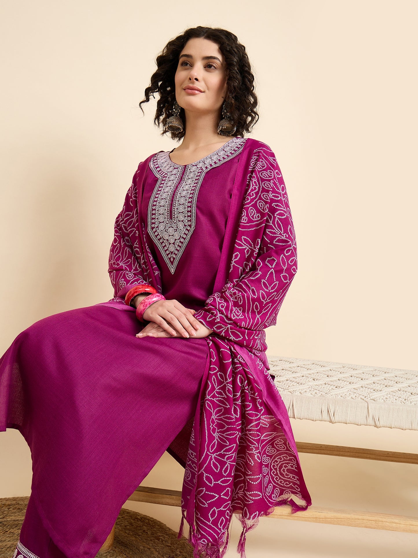 Ethnic Set Women Embroidered Pink Kurta And Pant Set With Dupatta