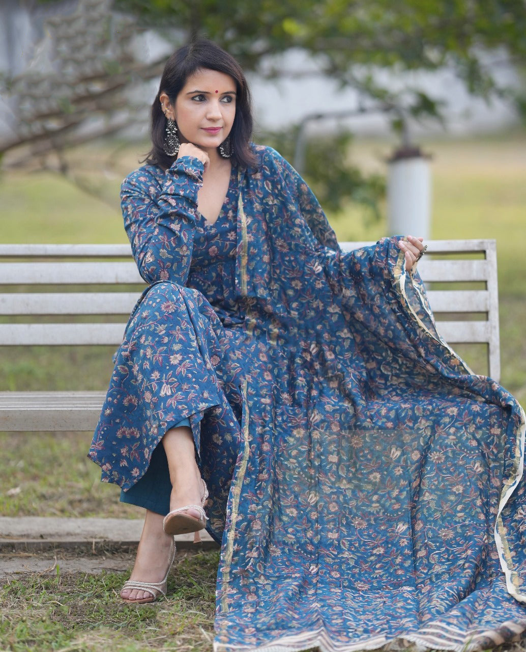 Ethnic Set Women Floral Printed Anarkali Blue Kurta And Pant Set With Dupatta