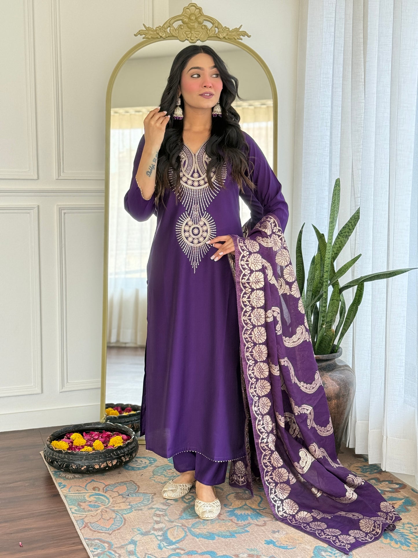 Elegant Solid Embroidered Kurta Set for Women – Festive Wear with Dupatta