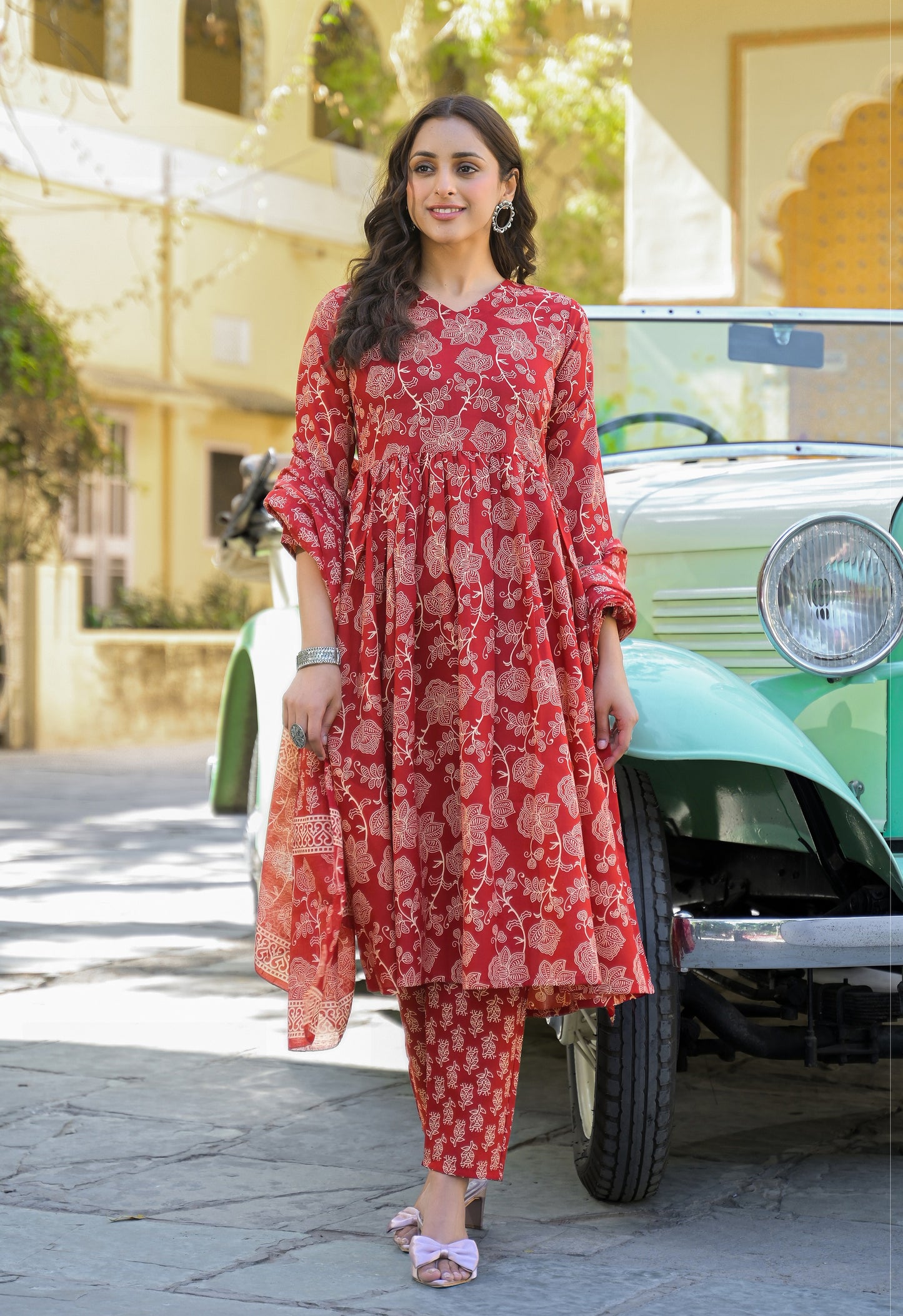 Ethnic Set Women Floral Printed Anarkali Red Kurta And Pant Set With Dupatta