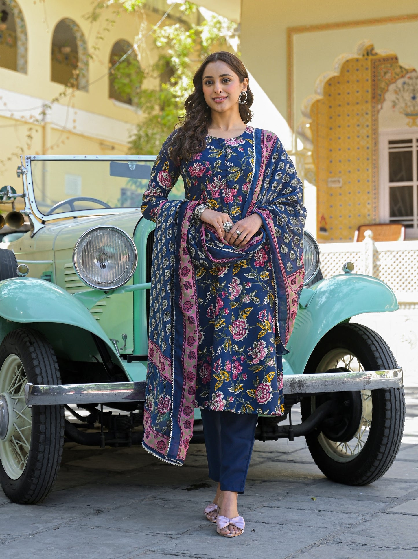 Ethnic Set Women Floral Printed Anarkali Blue Kurta And Pant Set With Dupatta