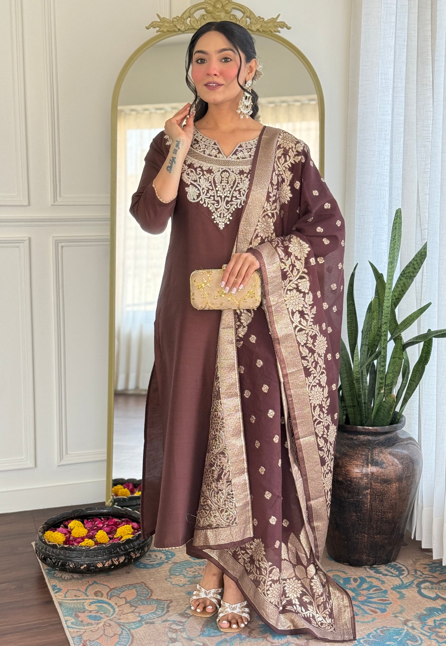 Elegant Solid Embroidered Kurta Set for Women – Festive Wear with Dupatta