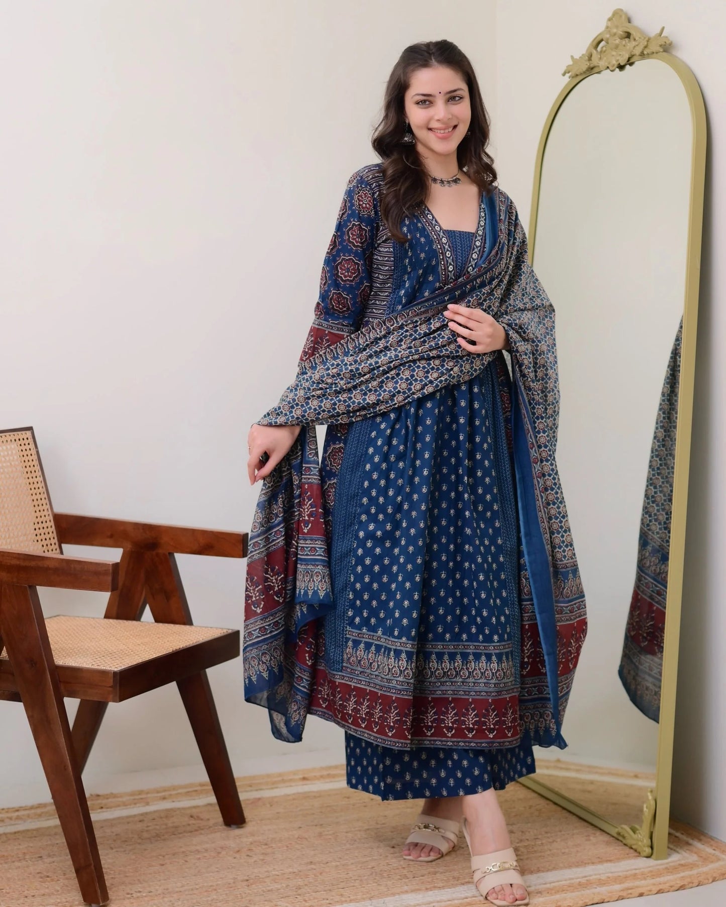 anarkali, printed kurta, women printed anarkali kurta and pant set with dupatta, festival wear, casual , ethnic set