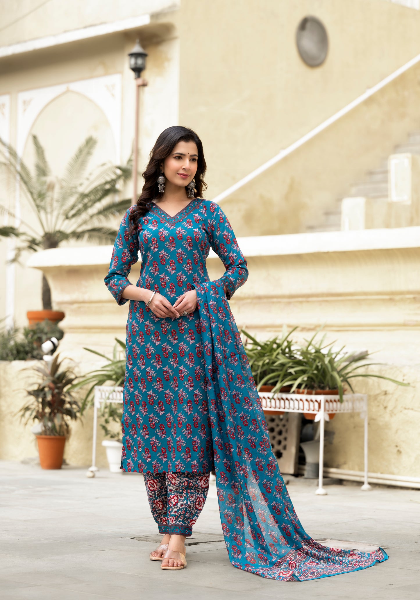 Ethnic set women Printed Kurta and afgani pant set with Dupatta - Ethnic Set