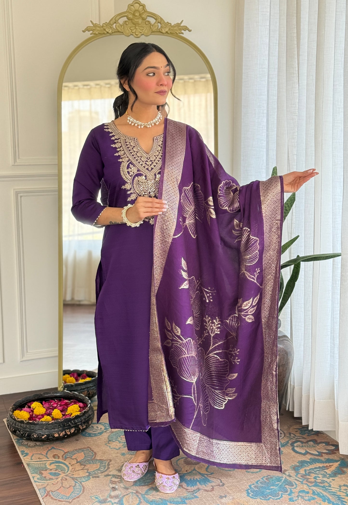 Elegant Solid Embroidered Kurta Set for Women – Festive Wear with Dupatta
