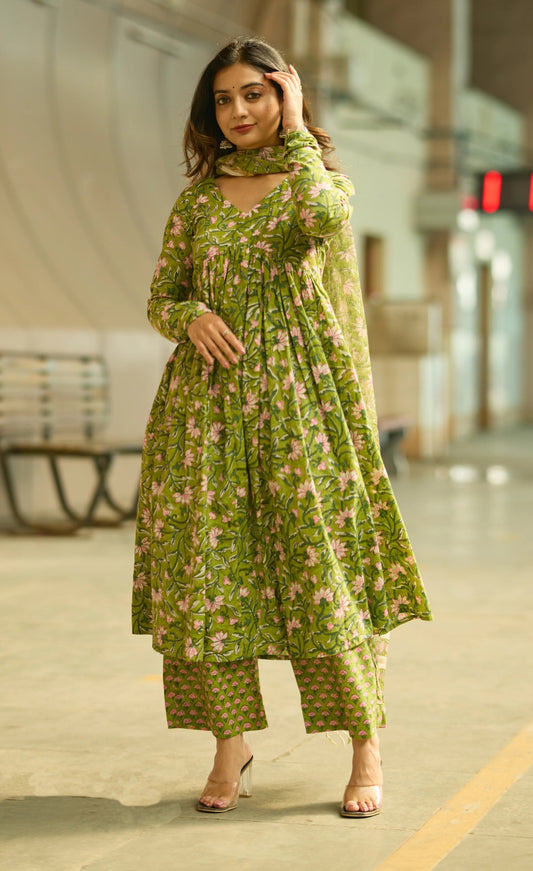 Ethnic Set Women Printed Anarkali Kurta and Pant with Dupatta