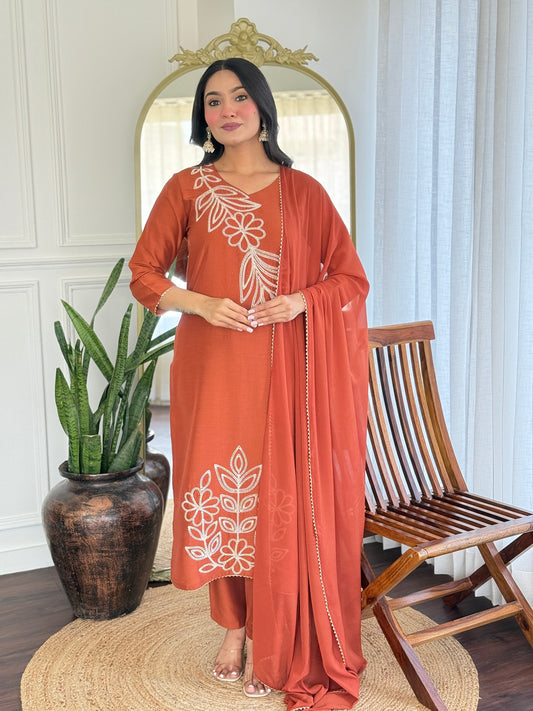 Ethnic Set Women Silk Embroidery Straight Kurta and Pant Set with dupatta