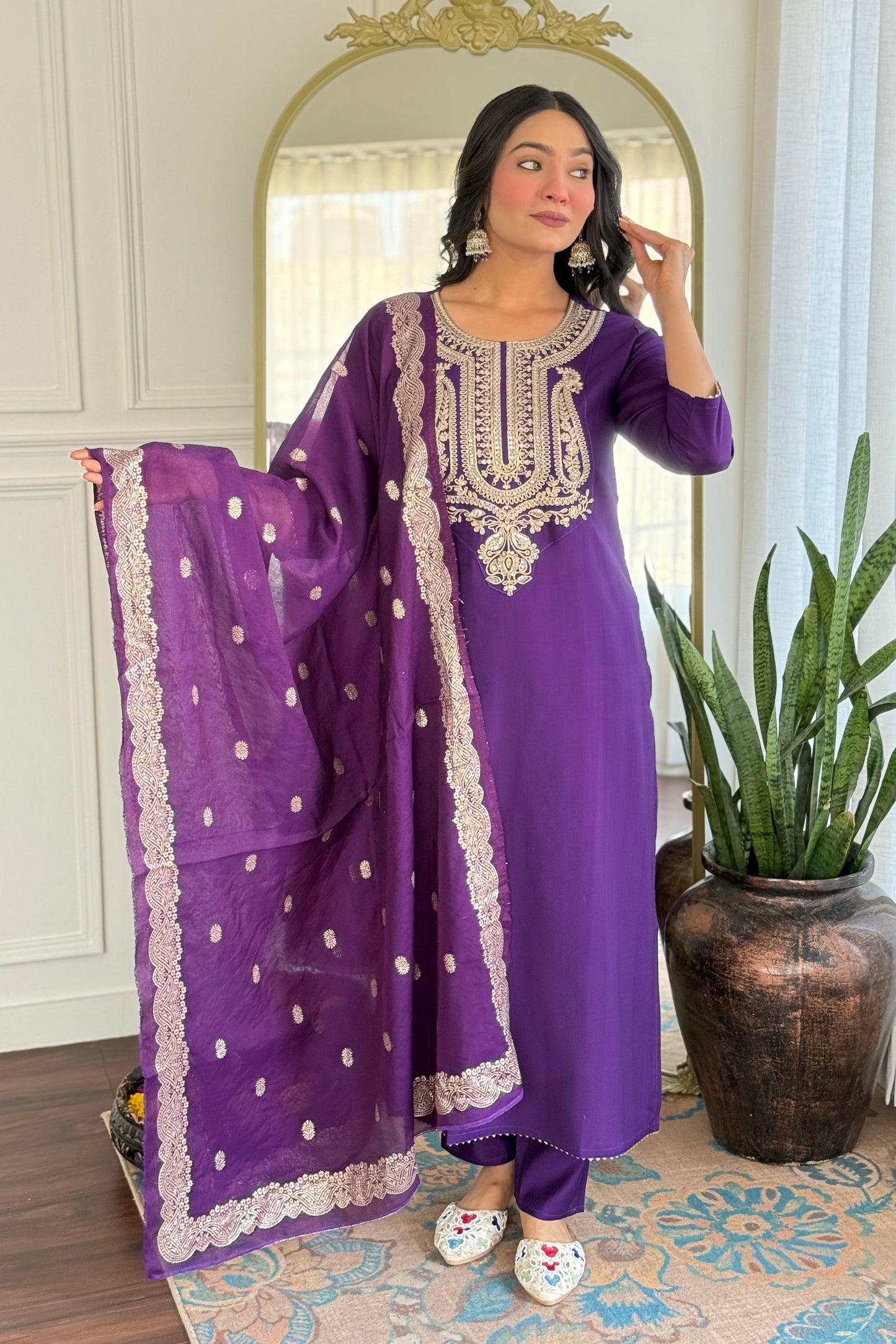 Women's Solid Embroidery Kurta Set – Ethnic Festive Wear (Kurta + Pants + Dupatta)