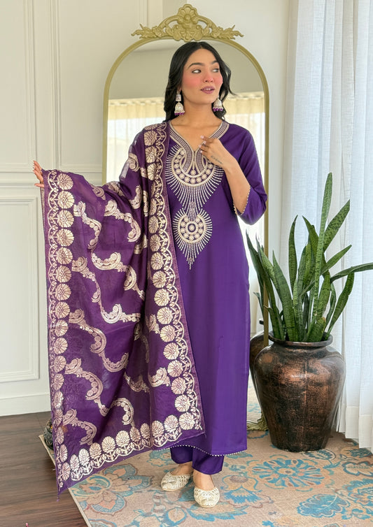 Elegant Solid Embroidered Kurta Set for Women – Festive Wear with Dupatta