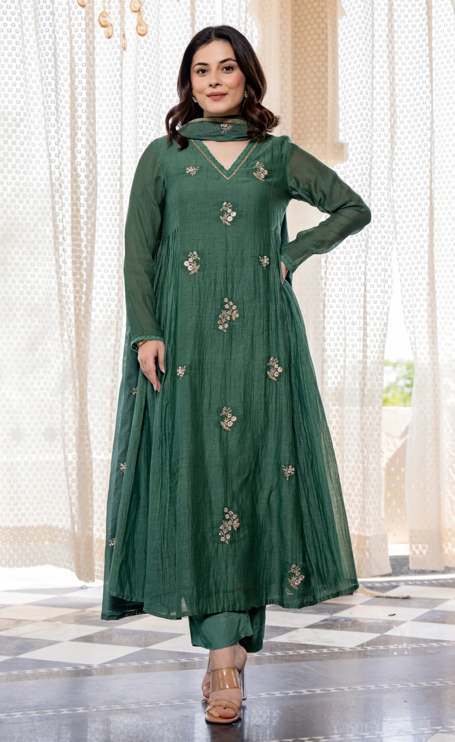 Ethnic Set Women Silk Embroidery Anarkali Kurta and Pant Set with Dupatta
