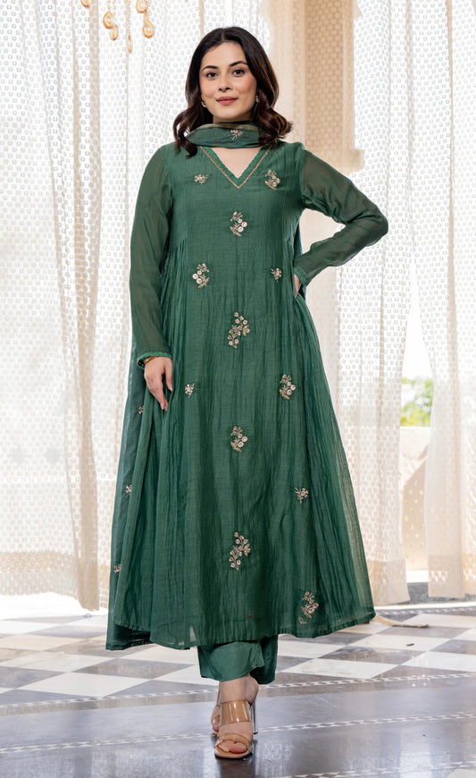 Ethnic Set Women Silk Embroidery Anarkali Kurta and Pant Set with Dupatta