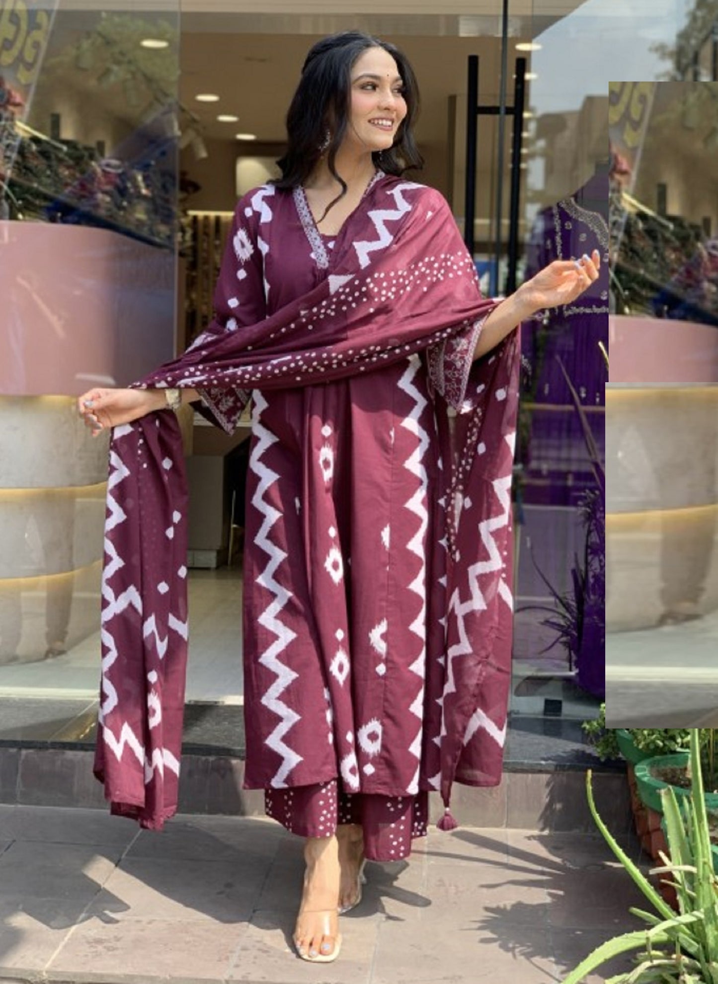 Ethnic Set Women Printed A-Line Purple Kurta and Pant Set With Dupatta