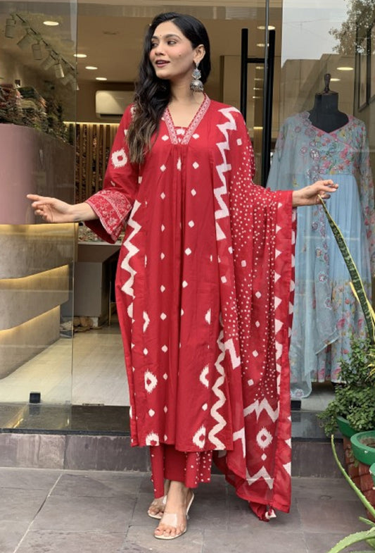 Ethnic Set Women Printed A-Line Red Kurta and Pant Set With Dupatta