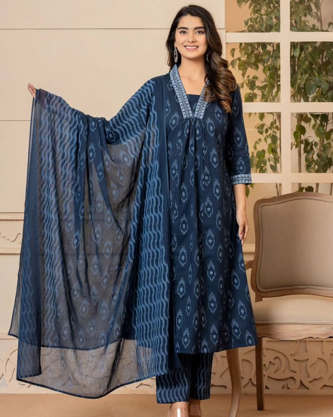 Ethnic Set Women A-Line Blue Kurta And Pant Set With Dupatta