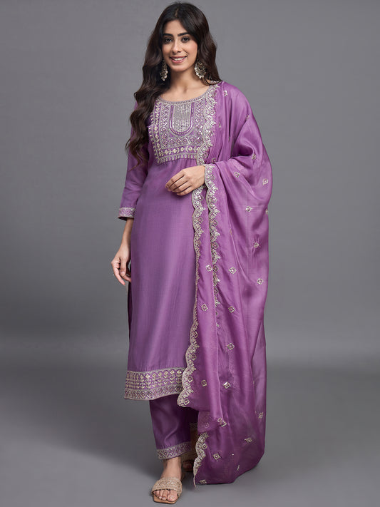 Ethnic Set Women Embroidered Pink Kurta and Pant Set With Dupatta