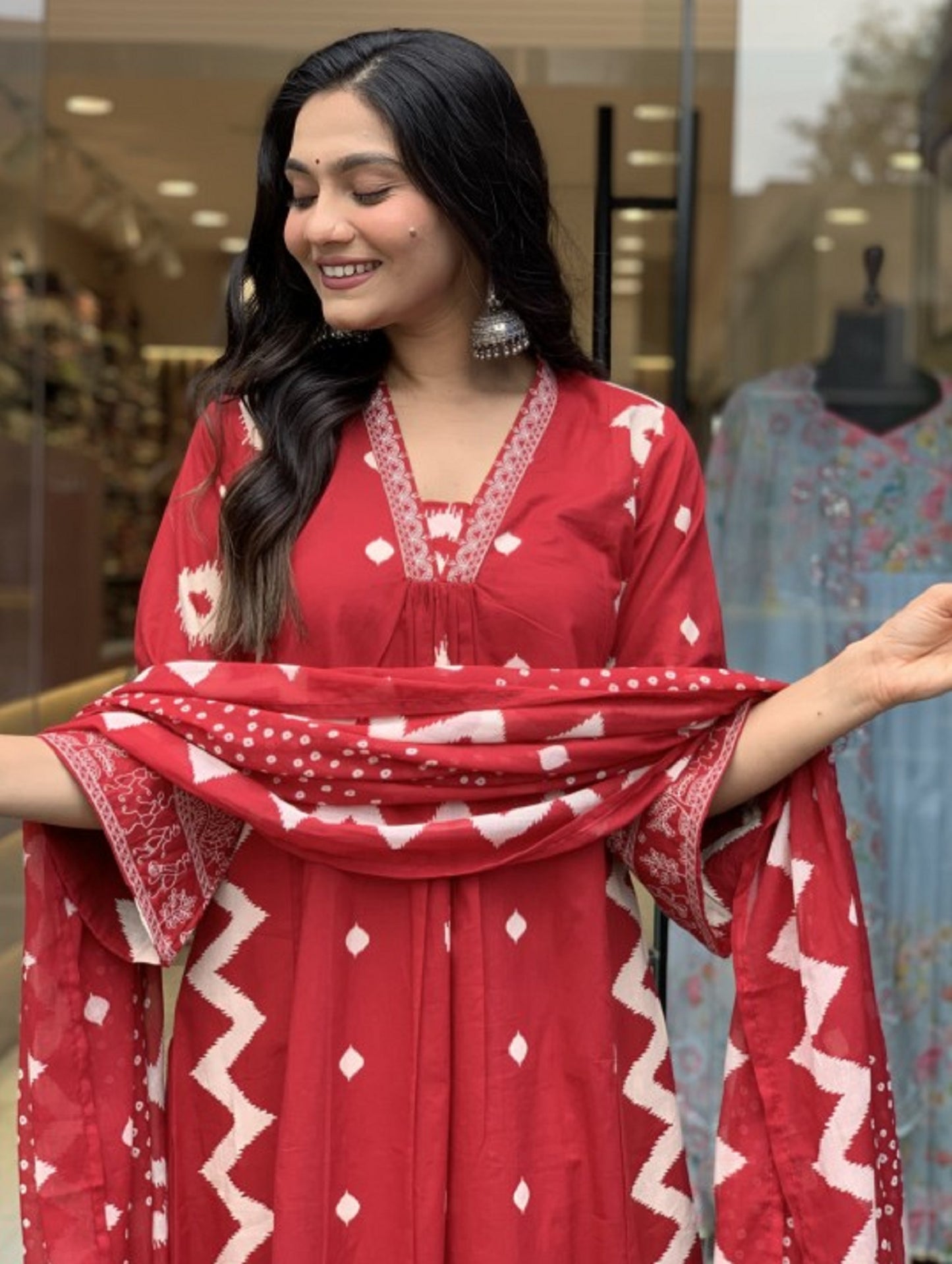 Ethnic Set Women Printed A-Line Red Kurta and Pant Set With Dupatta