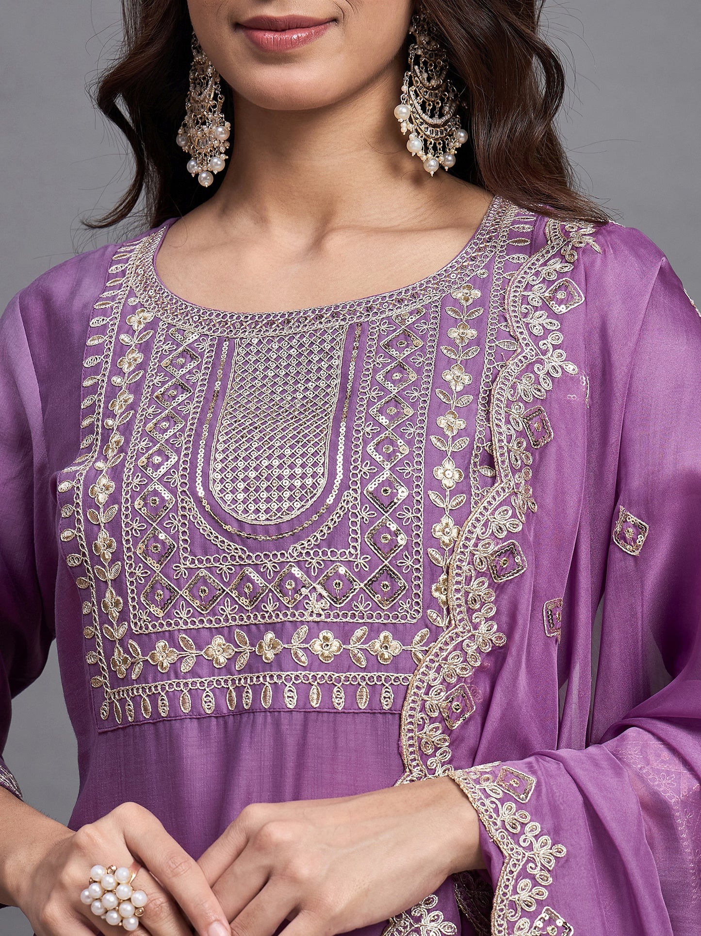 Ethnic Set Women Embroidered Pink Kurta and Pant Set With Dupatta