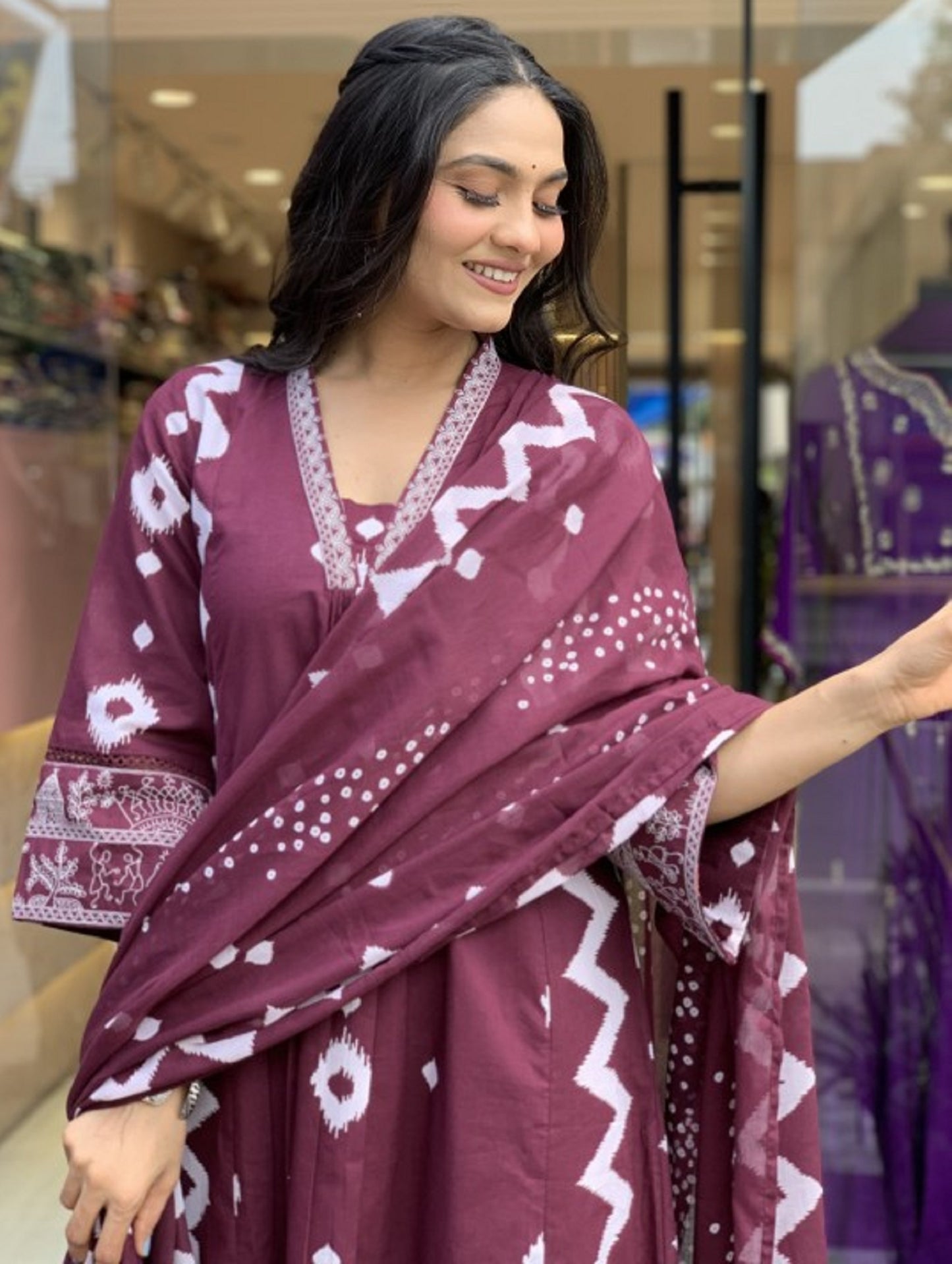 Ethnic Set Women Printed A-Line Purple Kurta and Pant Set With Dupatta