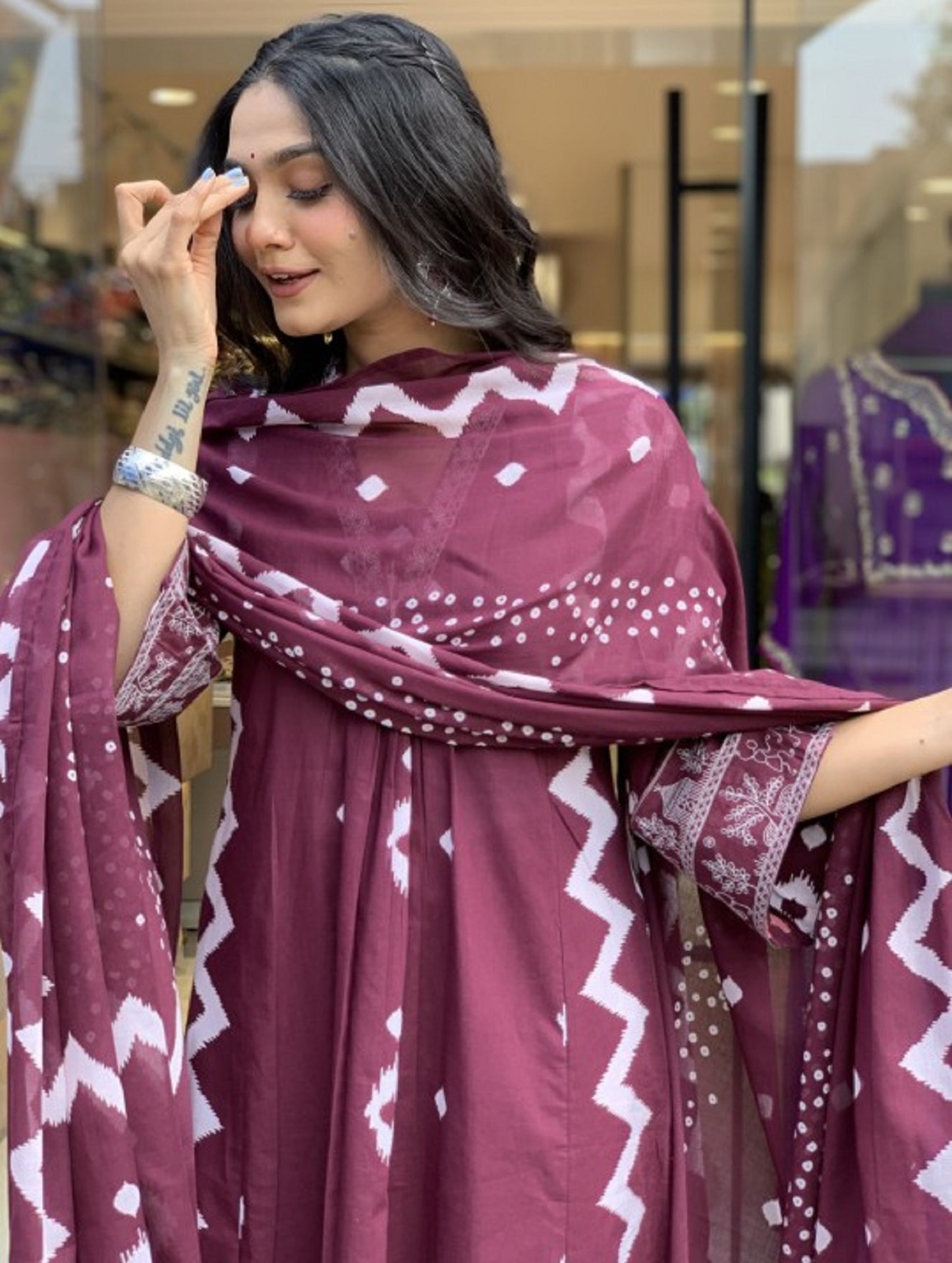 Ethnic Set Women Printed A-Line Purple Kurta and Pant Set With Dupatta