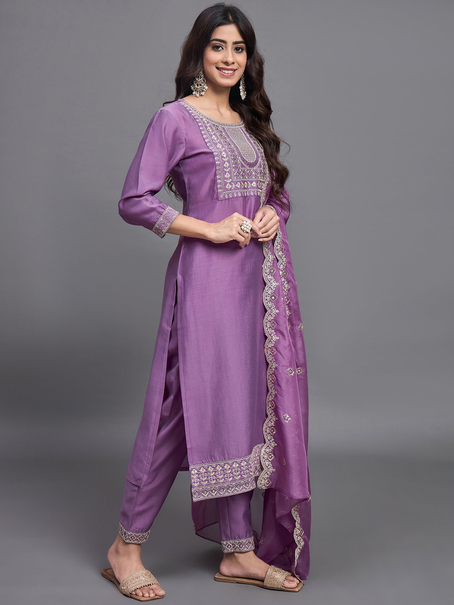 Ethnic Set Women Embroidered Pink Kurta and Pant Set With Dupatta
