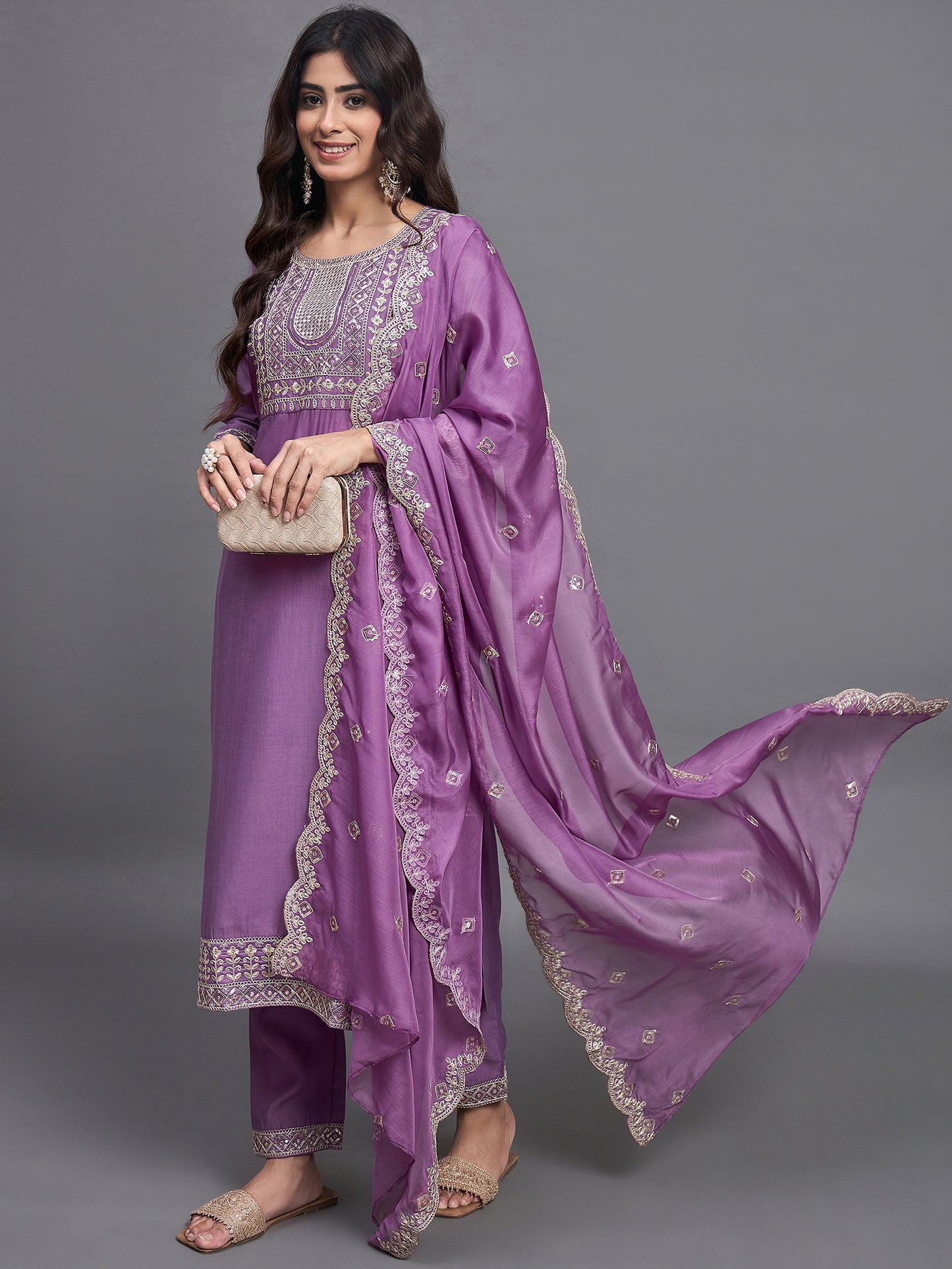 Ethnic Set Women Embroidered Pink Kurta and Pant Set With Dupatta