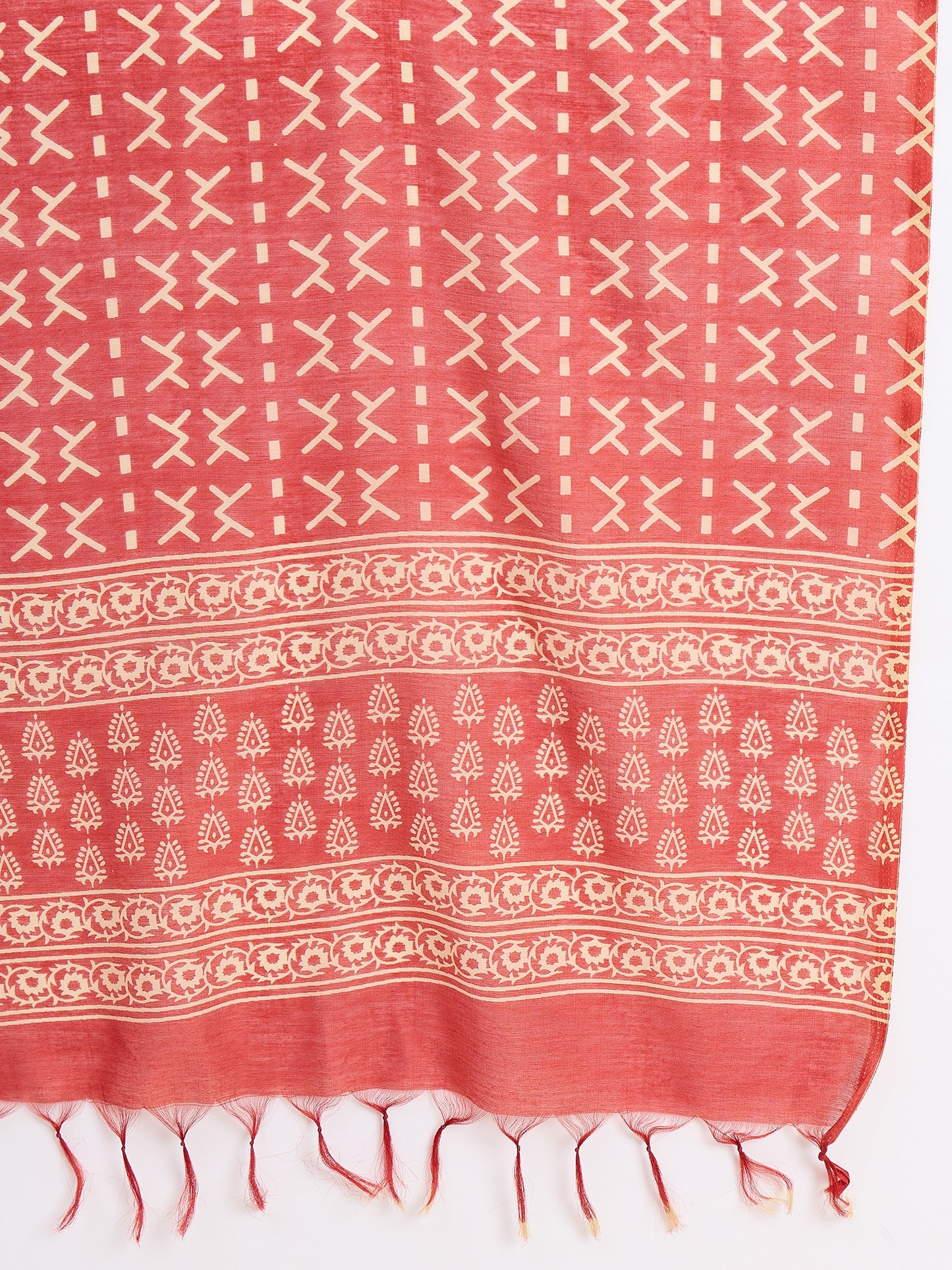 Ethnic Set Women Printed Straight Red Kurta And Pant Set With Dupatta