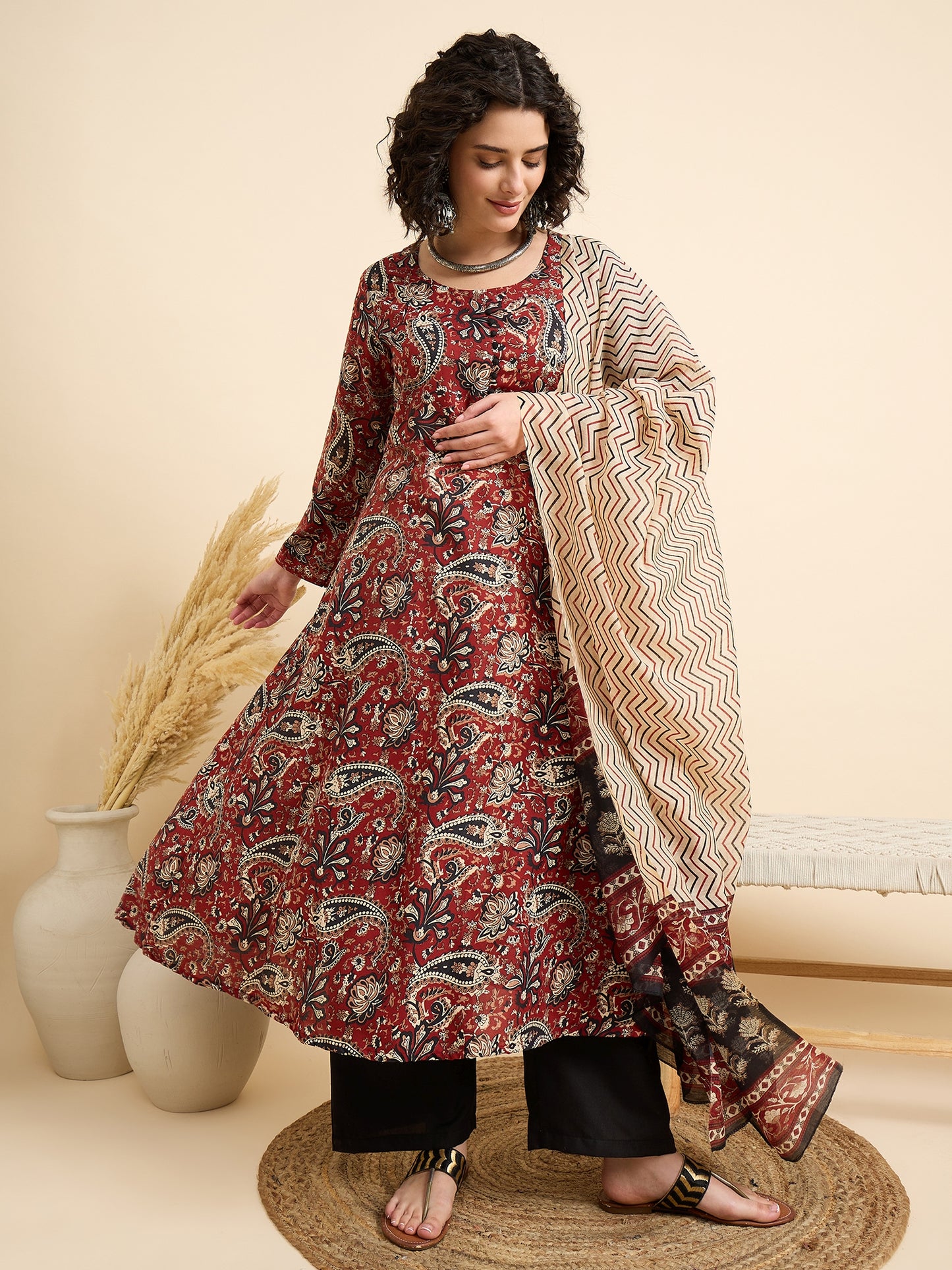Ethnic Set Women Printed Anarkali Maroon Kurta And Pant Set With Dupatta