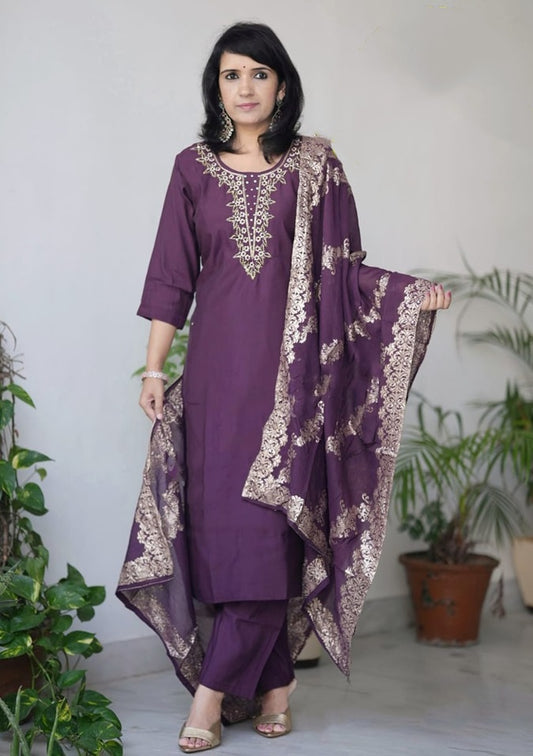 Ethnic Set Women Embroidered Wine Kurta and Pant Set With Dupatta