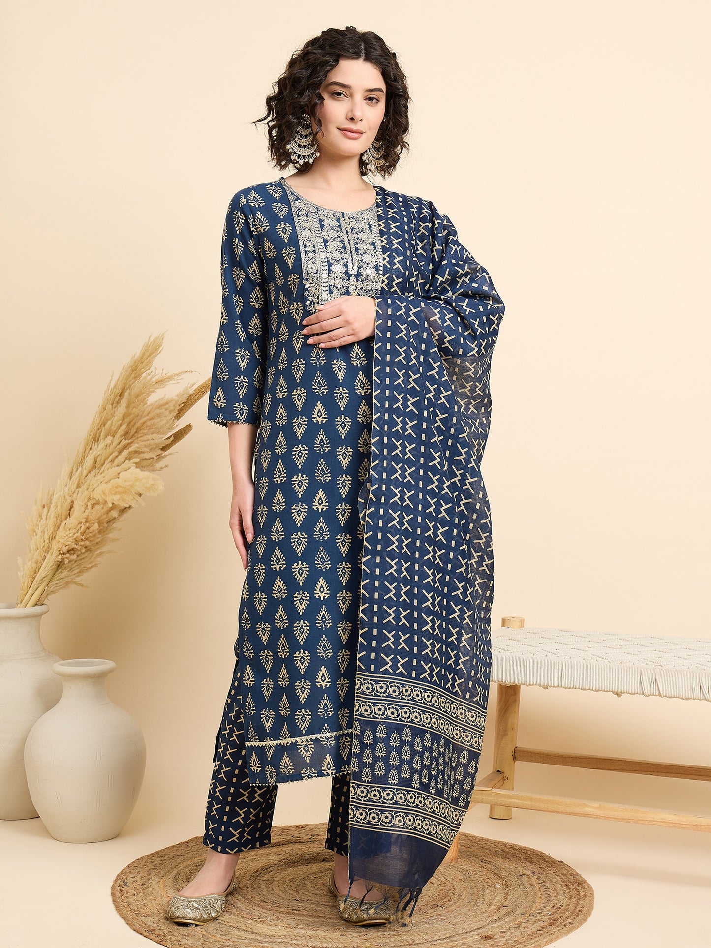 Ethnic Set Women Embroidered Straight Blue Kurta And Pant Set With Dupatta