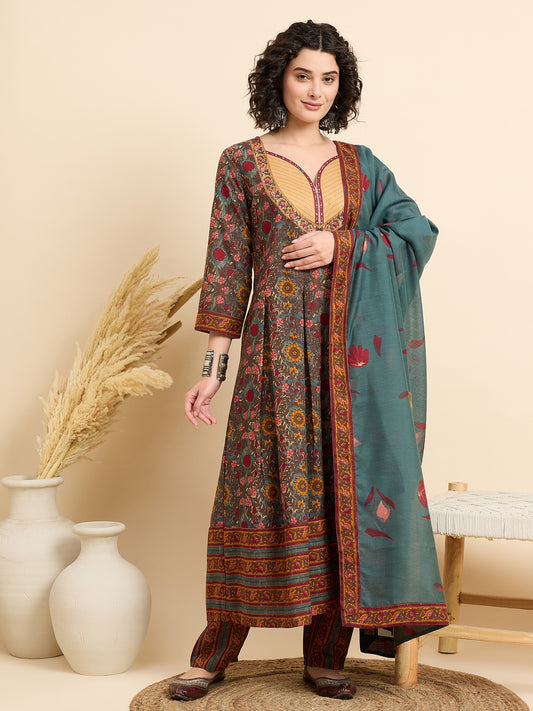 Ethnic Set Women Floral Printed Green Kurta And Pant Set With Dupatta