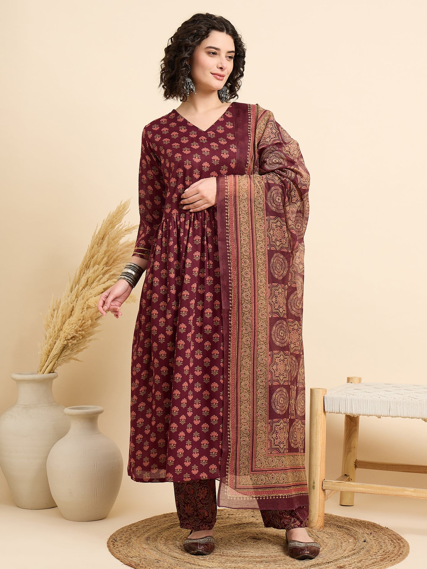 Ethnic Set Women Printed A-Line Kurta And Pant Set With Dupatta