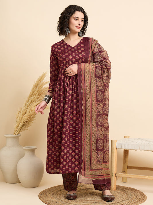 Ethnic Set Women Printed A-Line Kurta And Pant Set With Dupatta
