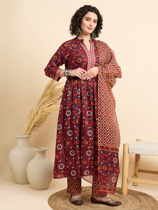 Ethnic Set Women Printed A-Line Red Kurta And Pant Set With Dupatta