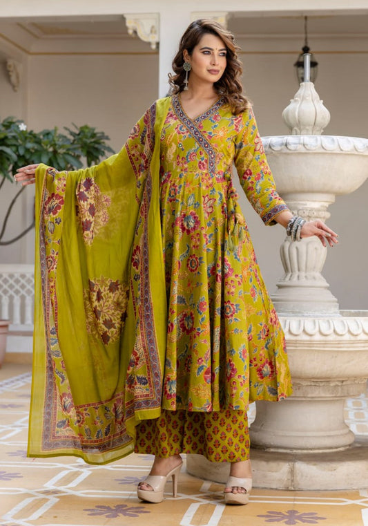 Ethnic Set Women Anarkali Yellow Kurta And Pant Set With Dupatta