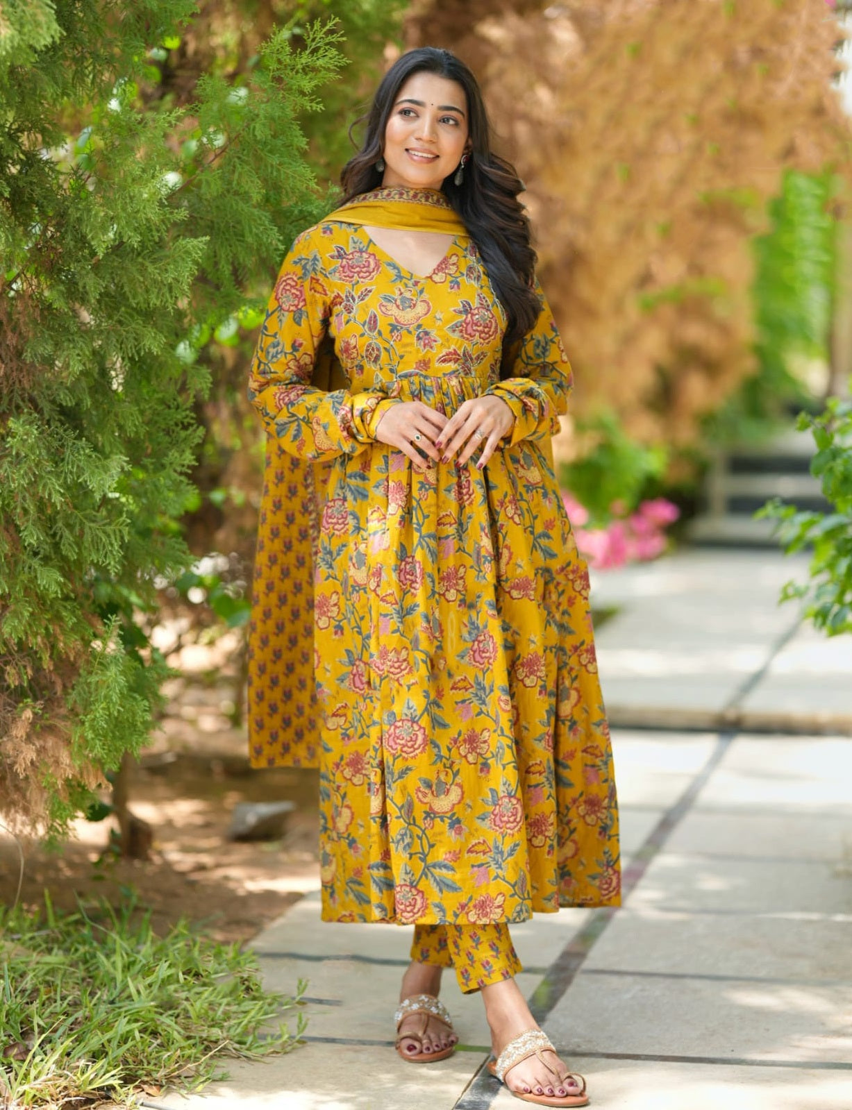 Ethnic Set Women Printed Floral Anarkali Yellow Kurta and Pant Set With Dupatta