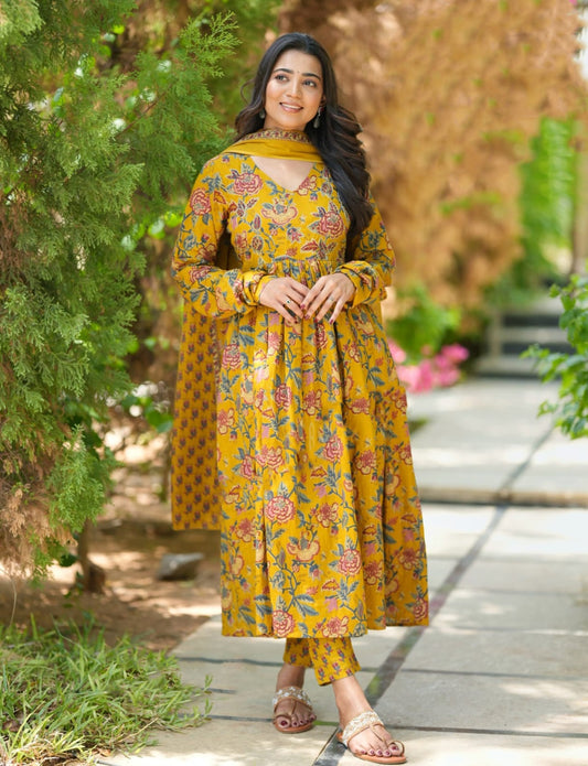 Ethnic Set Women Printed Floral Anarkali Yellow Kurta and Pant Set With Dupatta