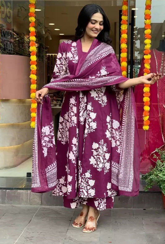 Ethnic Set Women Printed A-Line Purple Kurta and Pant Set With Dupatta