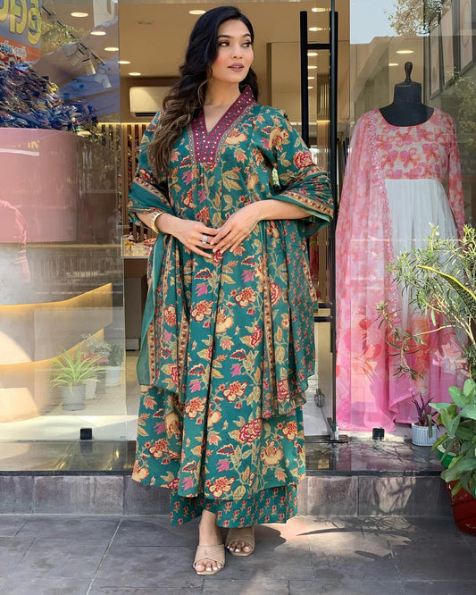 Ethnic Set Women Printed A-Line Green Kurta and Pant Set With Dupatta