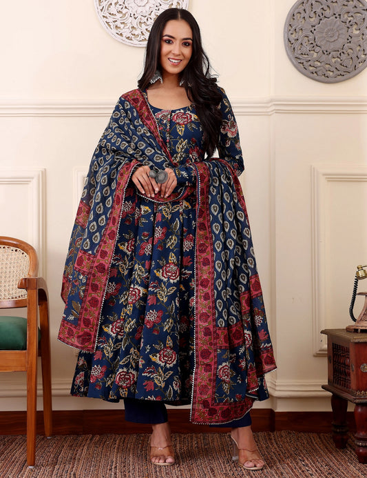 Ethnic Set Women Printed Anarkali Blue Kurta and Pant Set With Dupatta