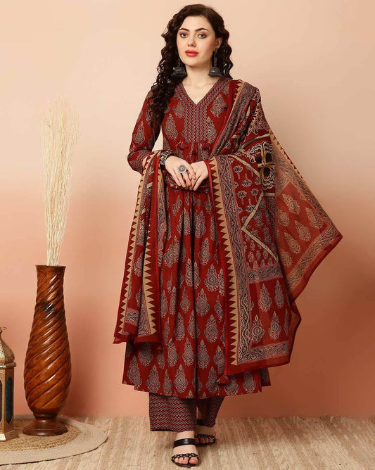 Ethnic Set Women Printed Anarkali Red Kurta and Pant Set With Dupatta