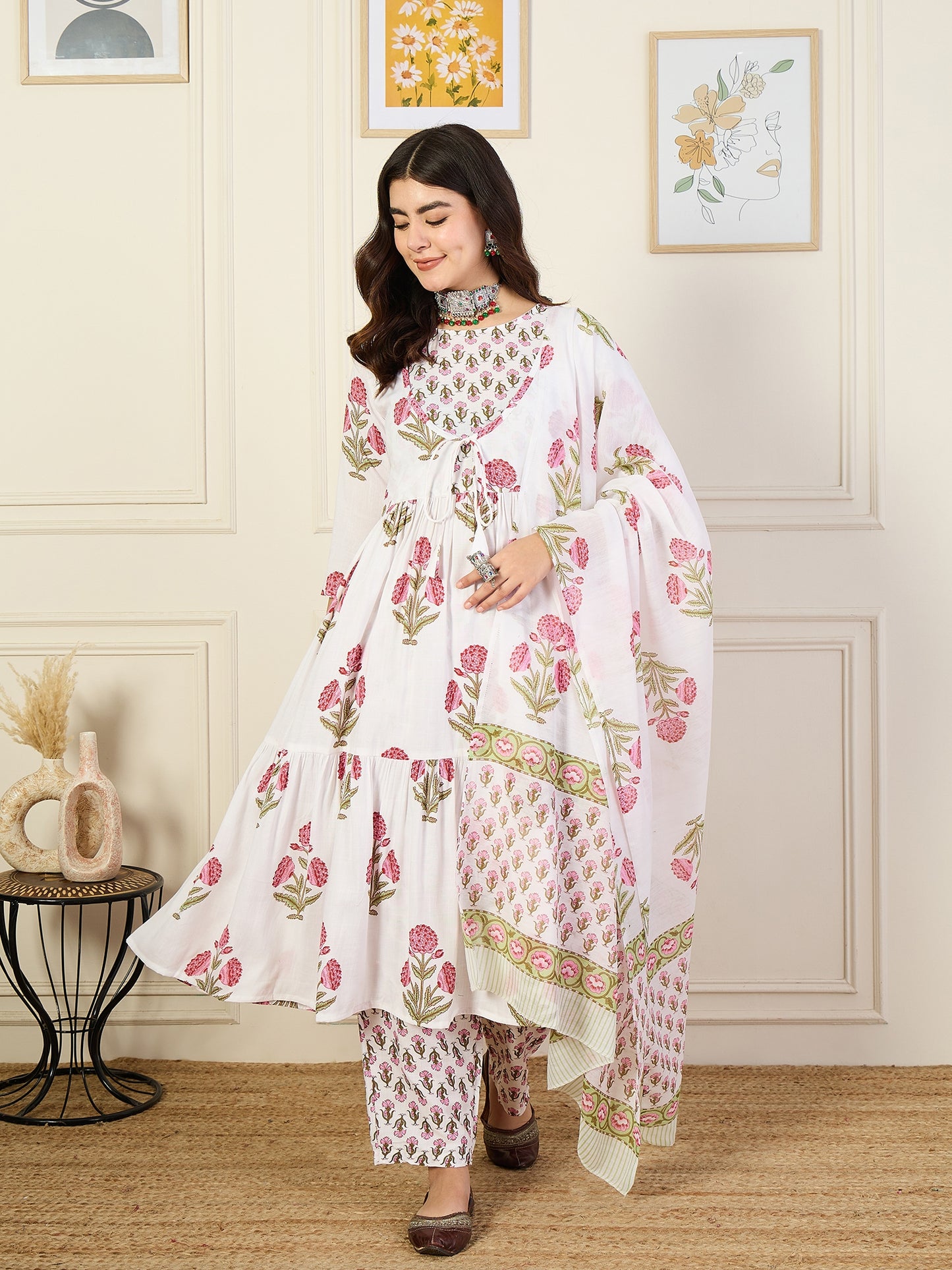 Ethnic Set Women Printed Anarkali White Kurta and Pant Set With Dupatta