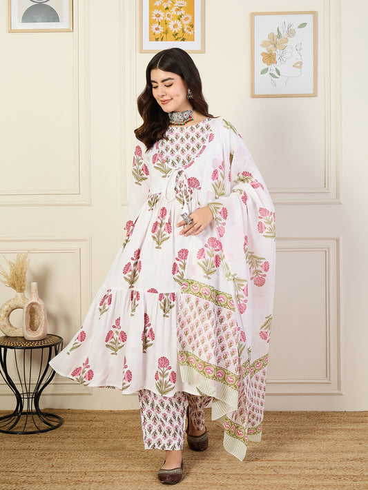 Ethnic Set Women Printed Anarkali White Kurta and Pant Set With Dupatta