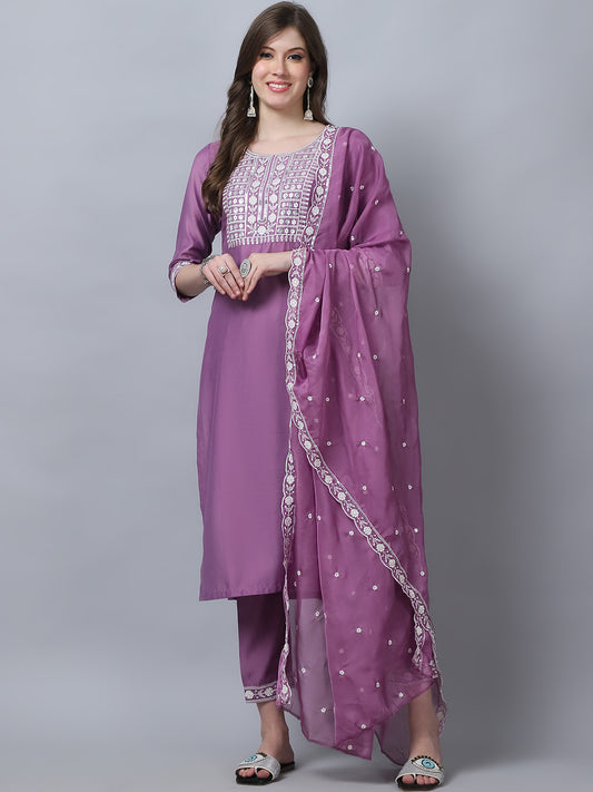 Ethnic Set Women Embroidery Straight Kurta and Pant set with Dupatta - Ethnic Set