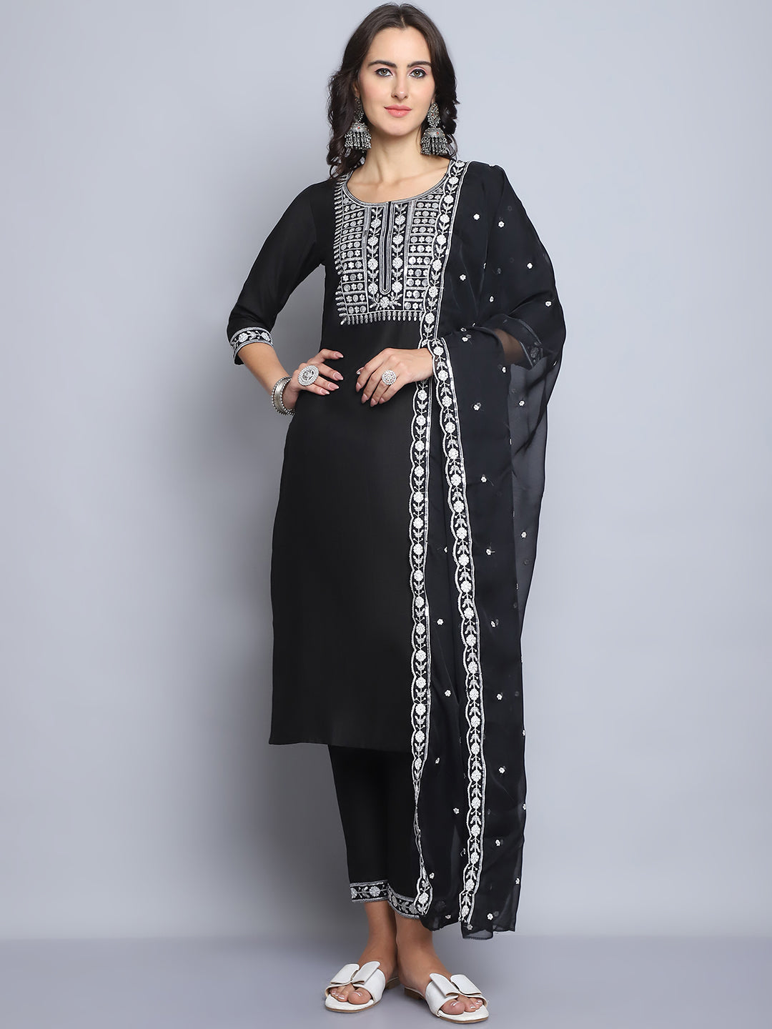 Ethnic Set Women Embroidery Straight Kurta and Pant set with Dupatta - Ethnic Set